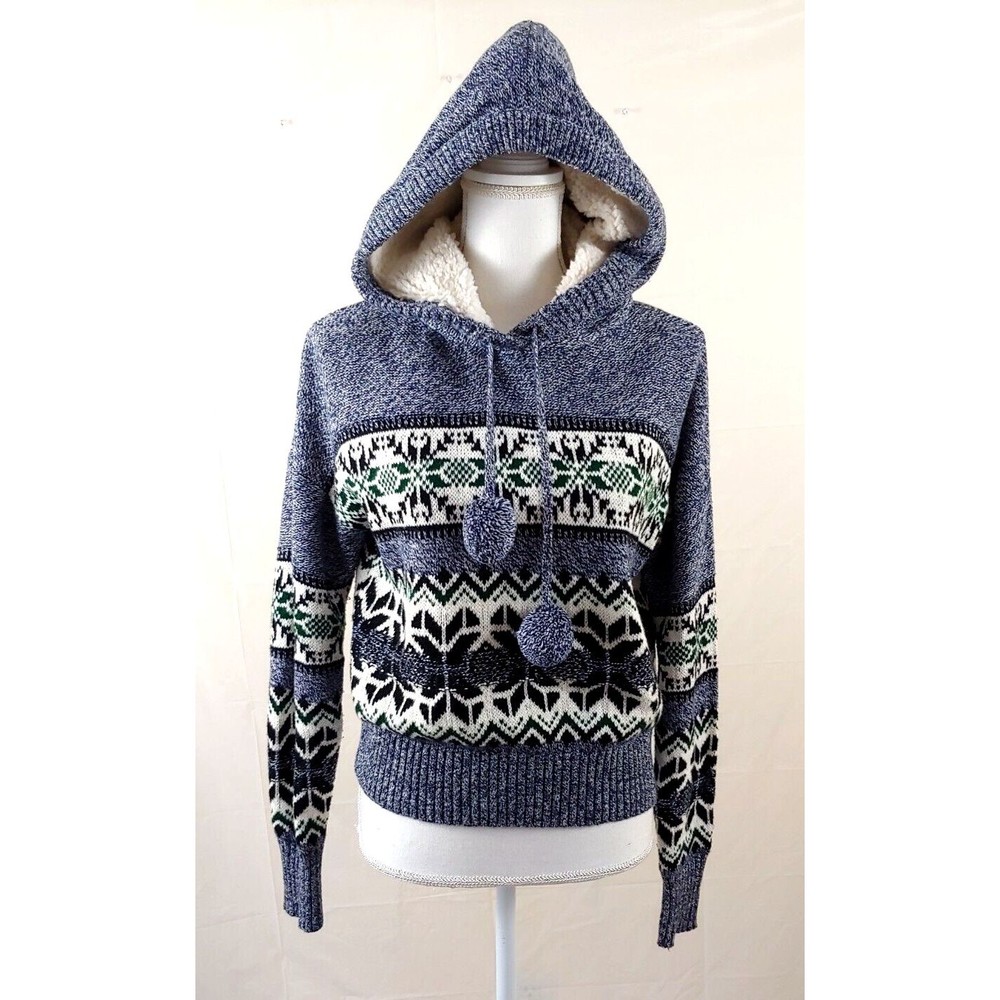 Between Me & You Womens Cropped Sweater Medium Soft Oversize Hooded Pom Pom